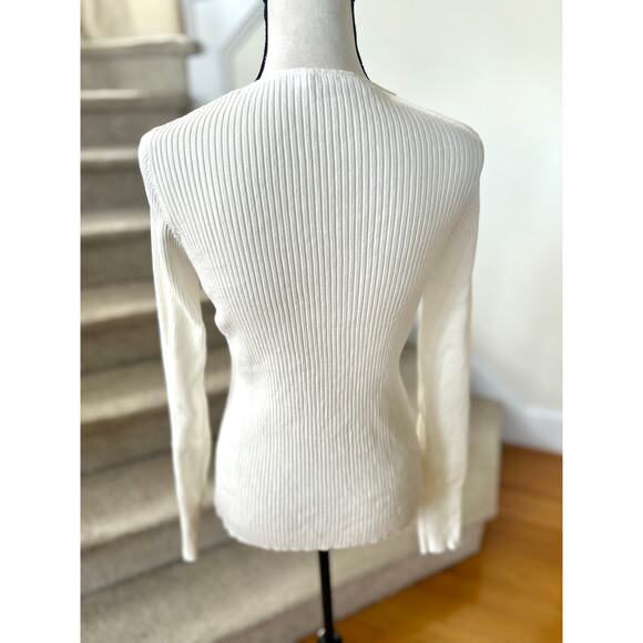 A.L.C. White Ribbed Knit Criss Cross Lace Up Long Sleeve V-Neck Sweater - Picture 2 of 6